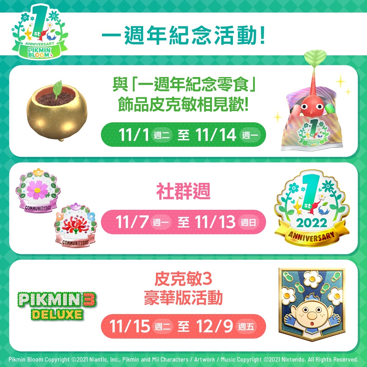 《Pikmin Bloom》周年纪念庆祝活动「一周年纪念零食」饰品皮克敏今日开跑