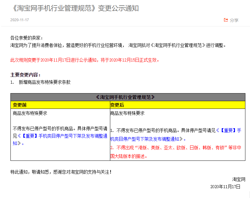 淘宝新规：12月15日起 手机商品不得出现非国行版本描述