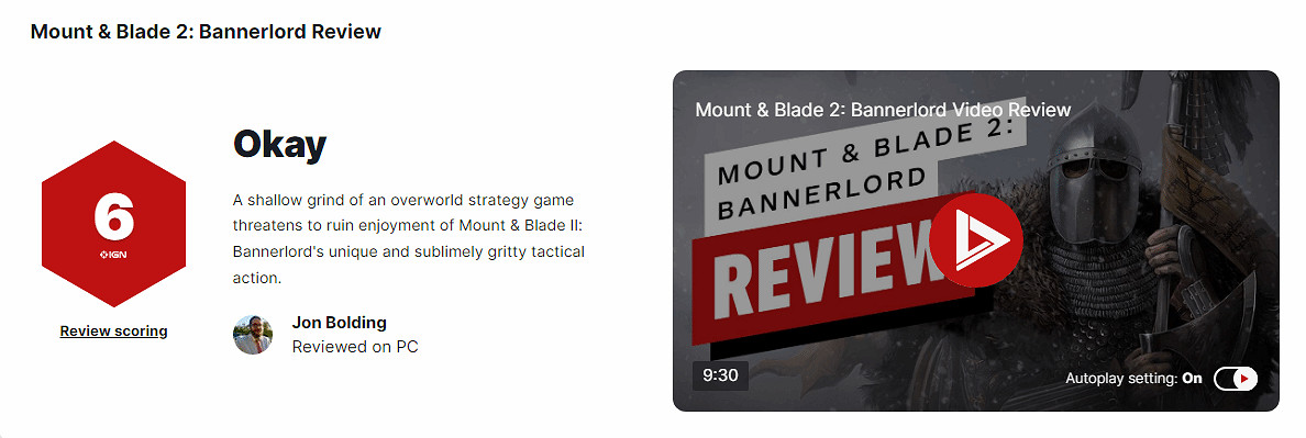 《骑马与砍杀2》IGN给出6分评价：有趣的战斗系统但世界地图枯燥无味