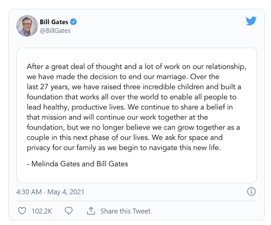 比尔·盖茨与妻子宣布离婚 27年婚姻结束！