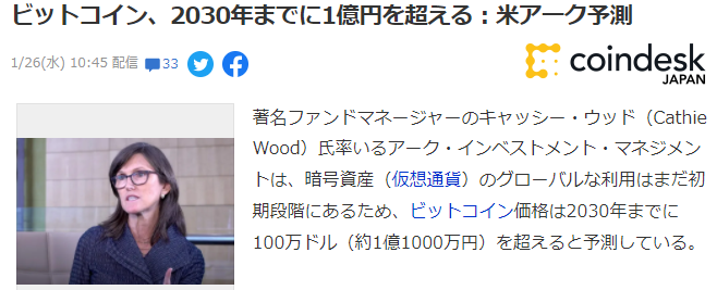 美国方舟投资预测比特币价格走向 2030年前或超百万美元