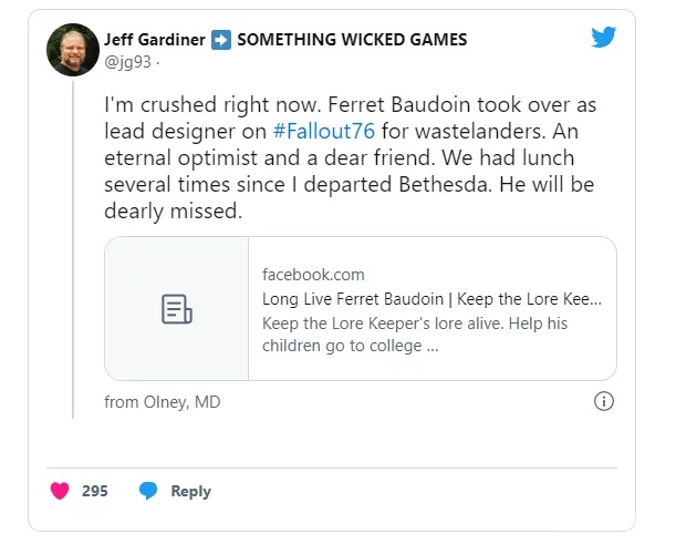 首席设计师《辐射76》、贝塞斯达资深员工Ferret Baudoin不幸离世
