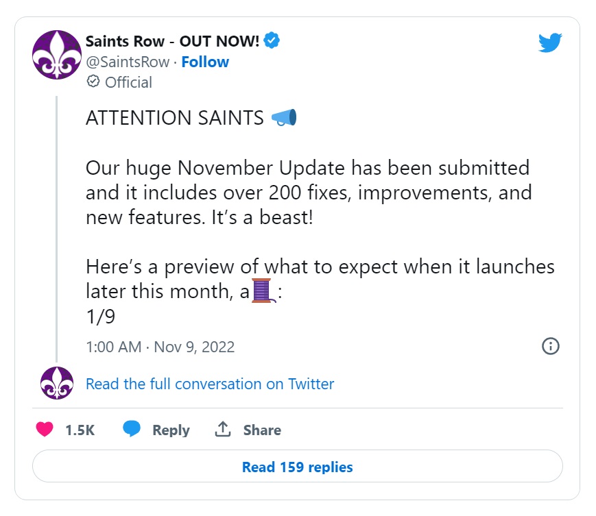 开发商Volition宣布《黑道圣徒：重启版》更新补丁将于本月底发布，超过200+修复和改进