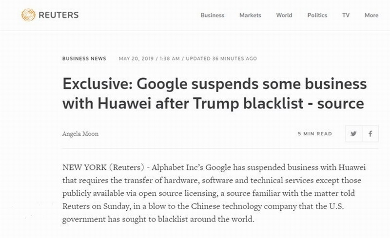 谷歌已停止与华为部分合作 取消其完整安卓操作权限