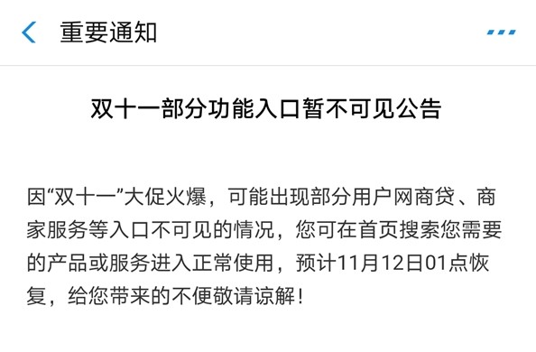 剁手注意支付宝异常！双11当天只能买不能退